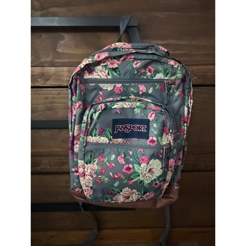 JanSport Floral Backpack Grey Pink Botanical School Bag Faux Leather Bottom